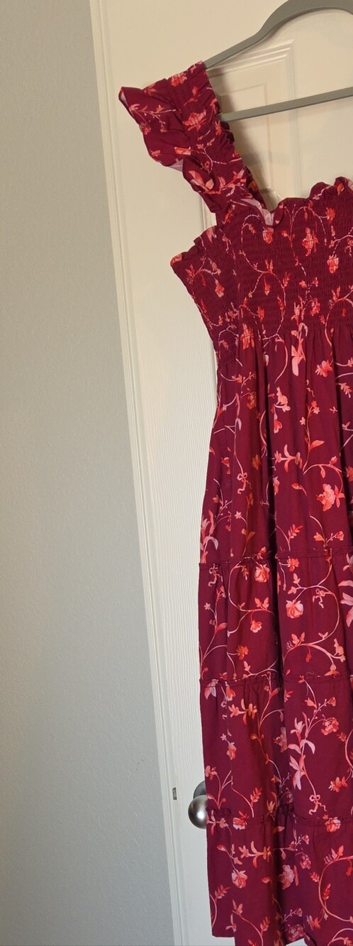 Hill House Red Burgundy Maxi Dress with Pink Floral Print
